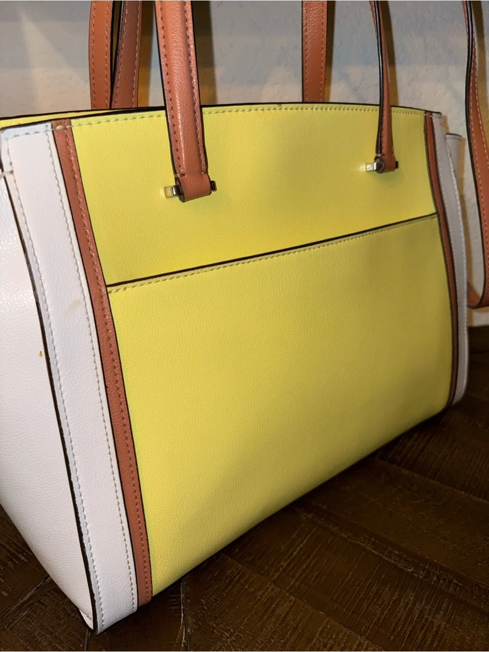 kate spade Yellow and White Colorblock Leather Tote with Brown Handles